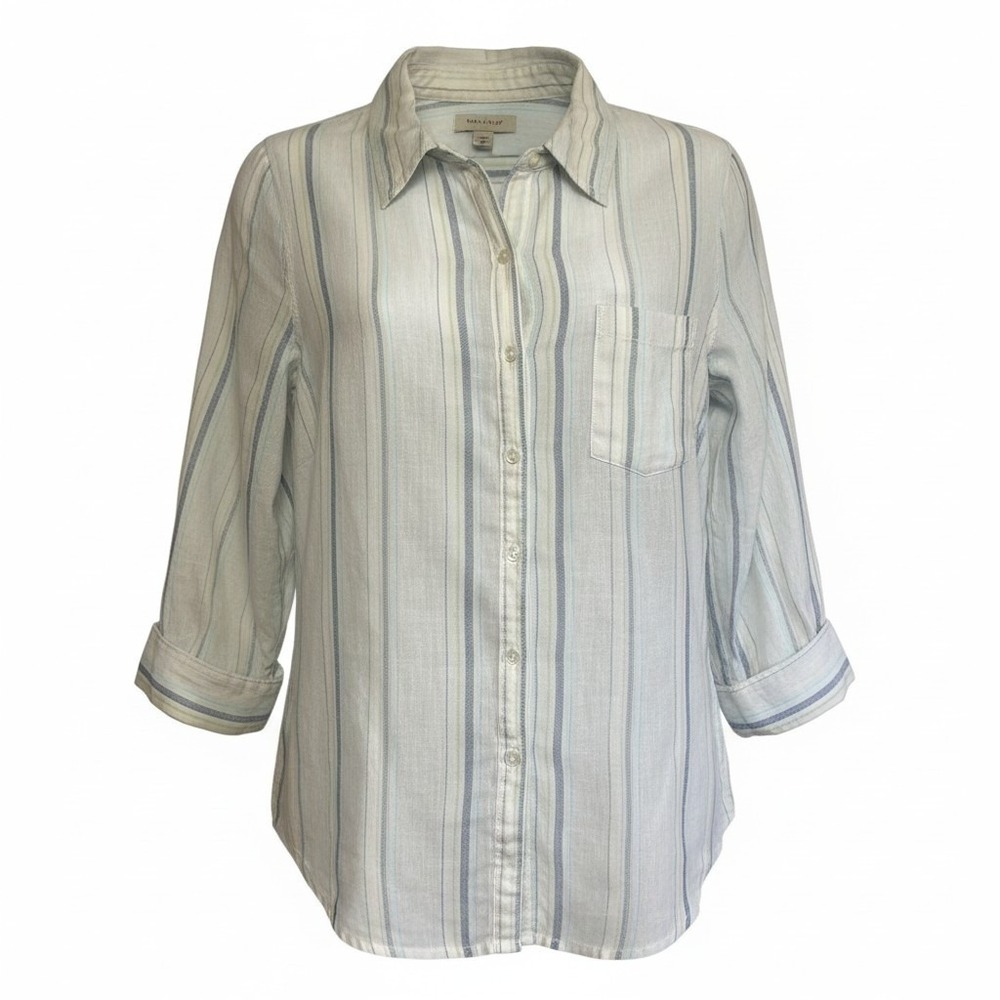 Joie Women Small Blue Yellow Striped Cotton Gauze Button Down Shirt 1034-T1085